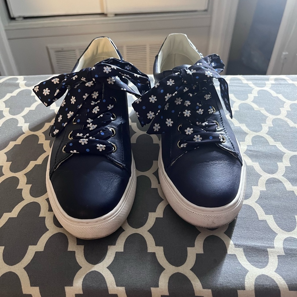 Women's Navy Blue Sneakers with Floral Laces - Picture 2 of 6
